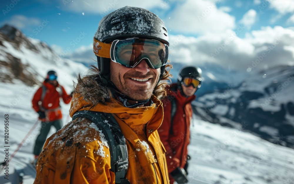 skier man with friends with Ski goggles and Ski helmet on the snow mountain skier man with friends with Ski goggles and Ski helmet on the snow mountain