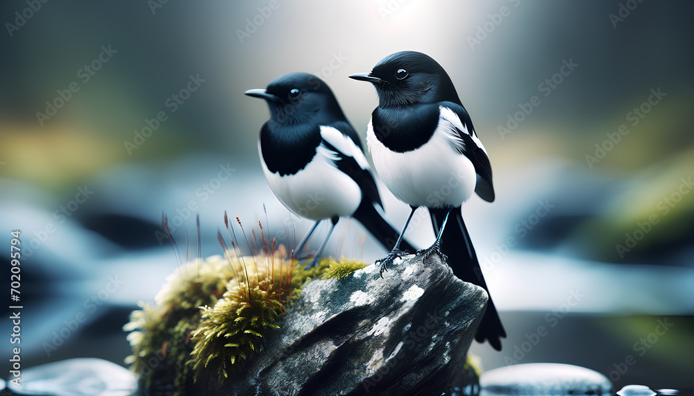 A serene nature scene featuring two white-and-black birds perching on a rock. The birds, possibly magpies or pied wagtails, - obrazy, fototapety, plakaty 