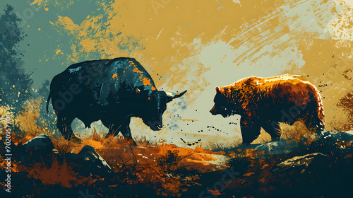 Bull and Bear in Stylized Market Battle. Illustration created with Generative AI