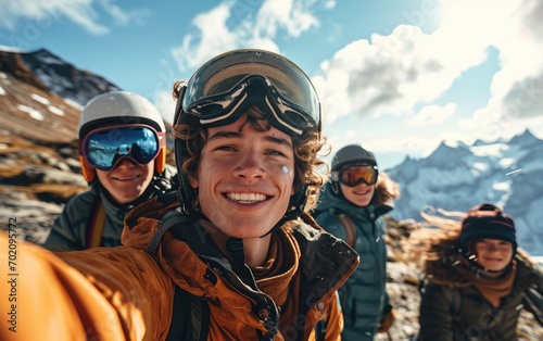 skier man with friends with Ski goggles and Ski helmet on the snow mountain