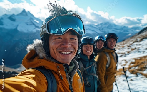 skier man with friends with Ski goggles and Ski helmet on the snow mountain