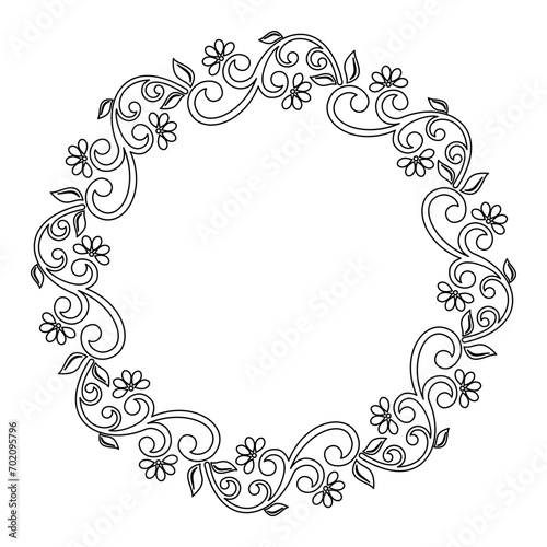 Oriental vector round frame with arabesques and floral elements. Floral round black white border with vintage pattern © Fine Art Studio