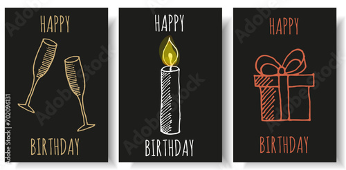 Set style Birthday greeting card with simple Doodle element. Hand drawn candle, wine glasses and gift box. Holiday postcard. Vector illustration for web and social media. Design card cover. EPS 10