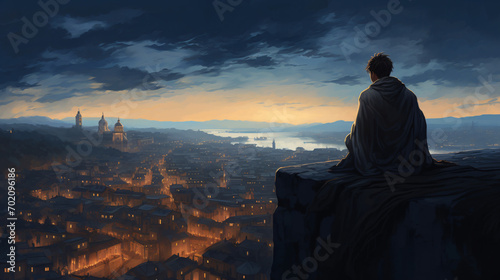 Man watching over the cityillustration painting photo