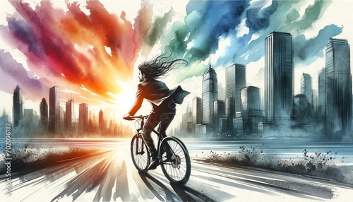 The image is a vibrant watercolor painting of a man cycling against a dramatic city skyline with a backdrop of a vivid sunset sky. © S photographer