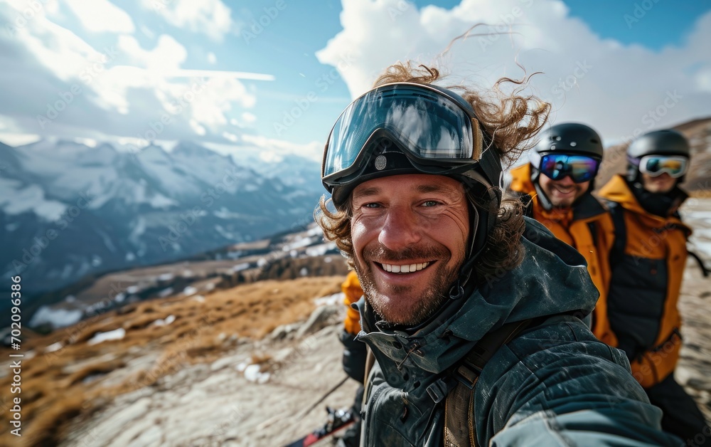 skier man with friends with Ski goggles and Ski helmet on the snow mountain skier man with friends with Ski goggles and Ski helmet on the snow mountain