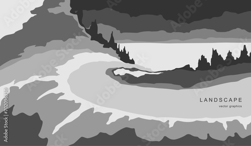 Modern nature landscape in a minimalist style. Retro realism. Contemporary aesthetic art. Design for page, poster, magazine, brochure, flyer, wallpapers, interior.