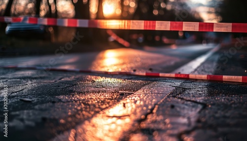 Sunset illuminates a roadblock scene marked with caution tape, signifying an emergency.