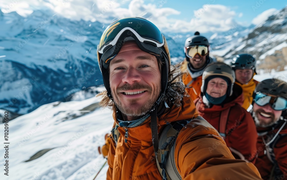 skier man with friends with Ski goggles and Ski helmet on the snow mountain