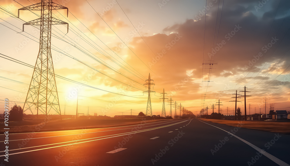 Power lines by the road at sunset