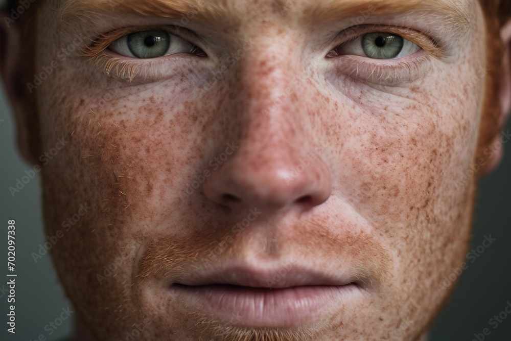 Close-up of freckled man looking at camera Close-up of freckled man looking at camera