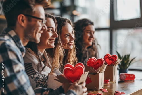 Group of young people celebrating Valentine's Day in the office at work photo