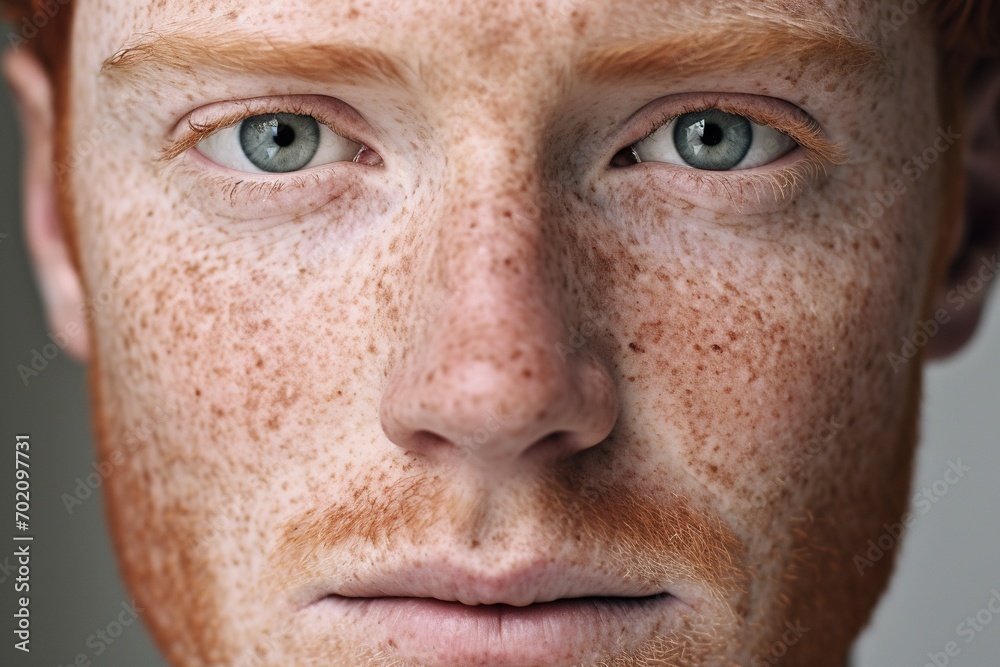 Close-up of freckled man looking at camera Close-up of freckled man looking at camera