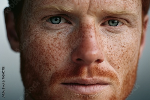 Close-up of freckled man looking at camera
