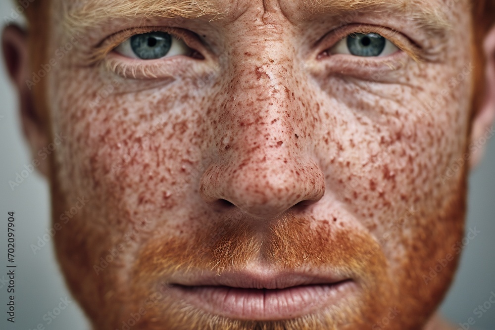 Close-up of freckled man looking at camera Close-up of freckled man looking at camera