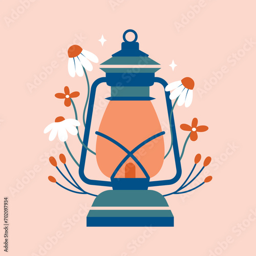Village lantern with plants, flowers, berries, stars. Summer cottagecore aesthetics. Gas lamp, camping lantern, lightning equipment. Cute cartoon illustration in flat style. Graphic minimal clip art.