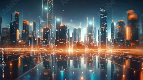 Closeup of a futuristic cityscape, with tall, angular buildings and glowing lights. photo