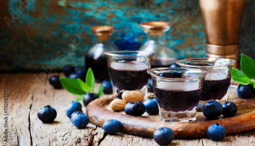 Traditional sardinian liqueur with mirto, selective focus