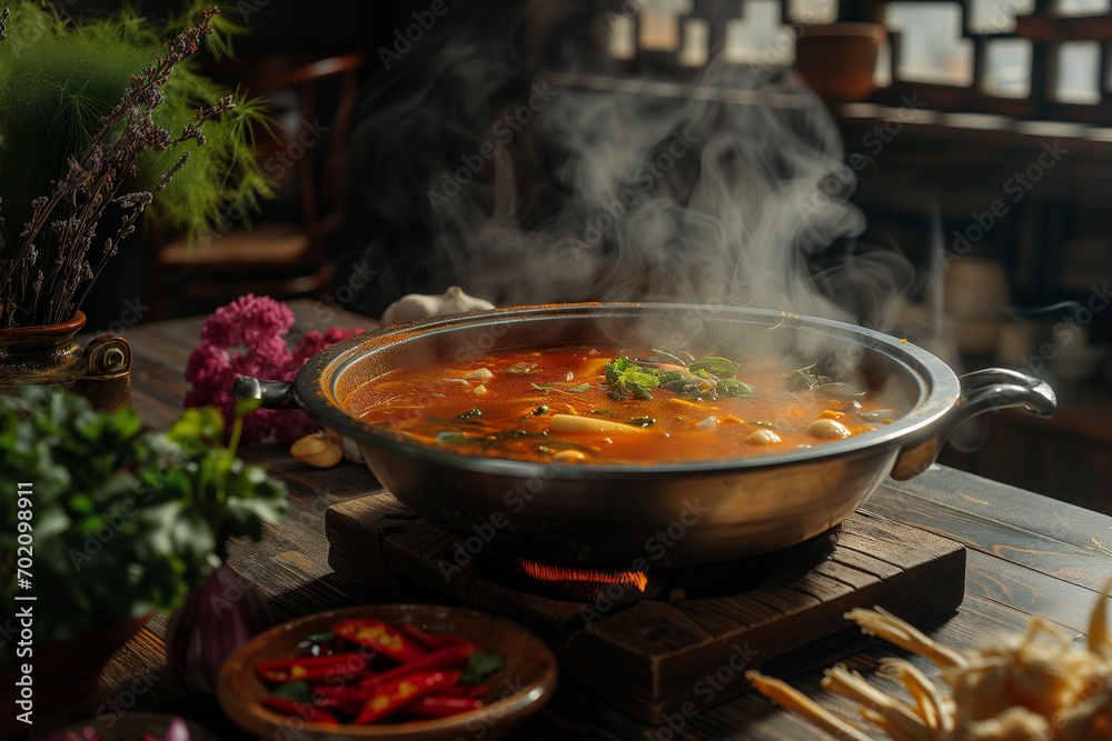 Resturaunt style Hotpot on a stove cooking food Resturaunt style Hotpot on a stove cooking food
