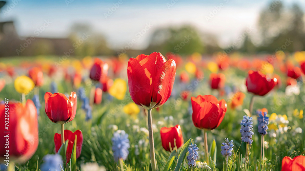 Spring Background - Tulips, meadow and blue sky Spring Background - Tulips, meadow and blue sky
