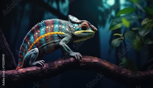 The chameleon is painted in different colors on a branch photo
