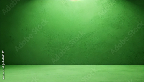 Empty green background and stand display with studio for showing or design concept photo