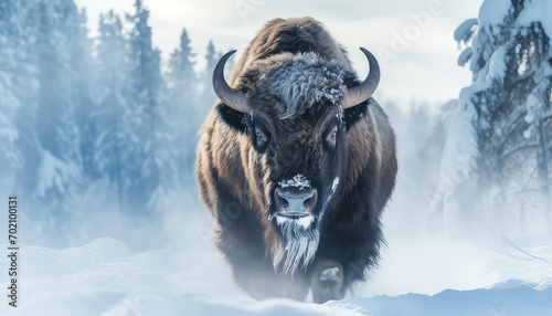 Bison migrating in the snow in winter