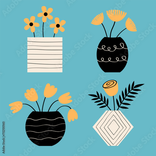 Flower in vase icon set line. Different orange flowers. Ceramic glass vases. Daisy, tulip, rose, leaf. Pottery Glass decoration. Modern abstract aesthetic Boho art. Blue background. Flat design.