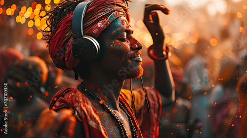 indian Young guy listening music in headphones in the fog of colors during Holi celebration 
