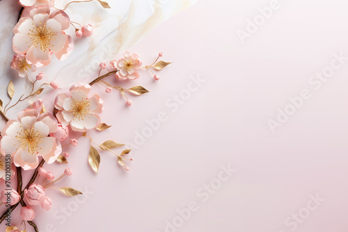 Elegant pastel flower branches on marble background with gold edges. Wedding invitations, greeting cards, wallpaper, background, printing​