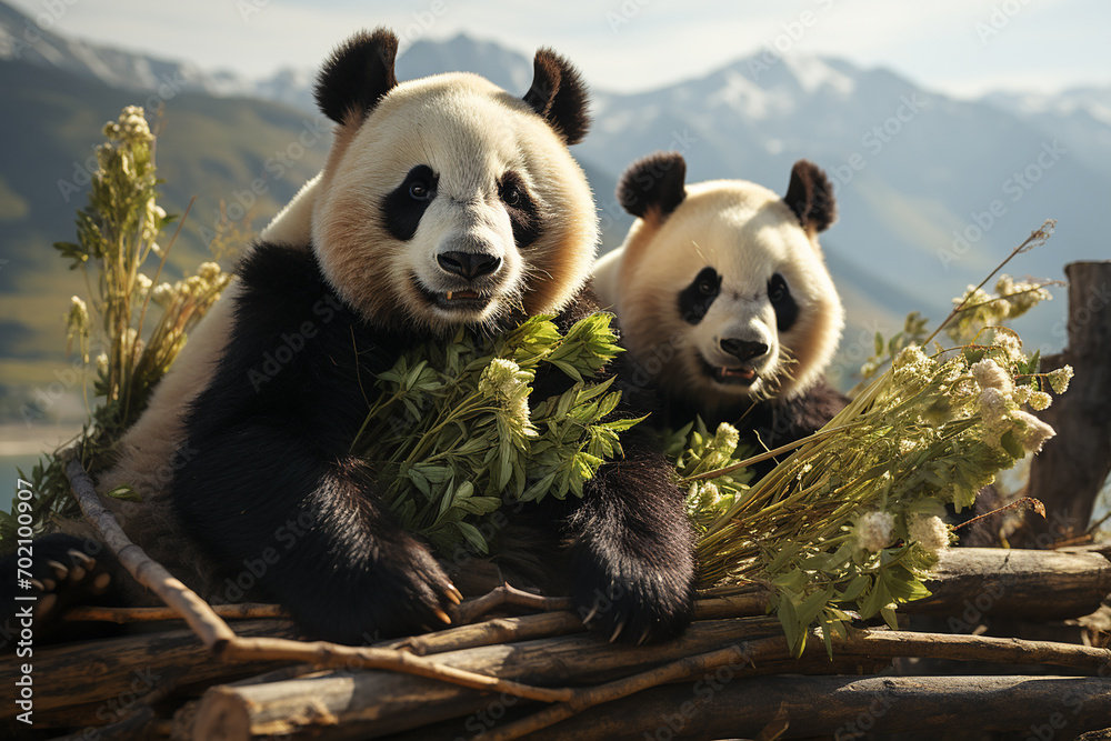 Obraz premium Generative AI - Panda bears are eating grass