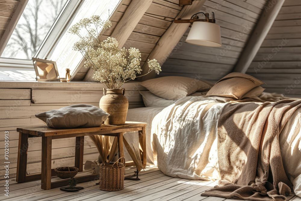 Bedroom interior decoration with Scandinavian-style, warm and cozy tone, Hygge vibe, Hygge tone and minimal modern decor design.