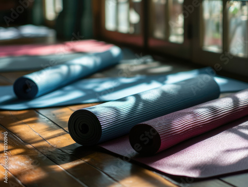 Rolled yoga mats on a wooden floor in a sunlit studio  ready for a relaxing session.