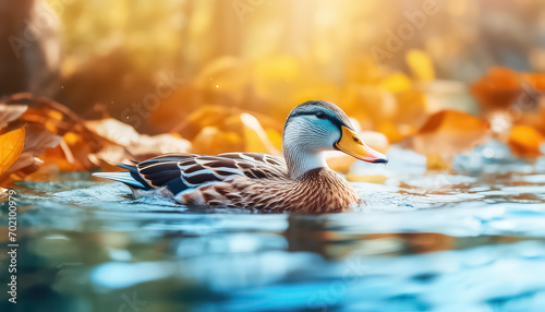 Duck swimming in the water in autumn