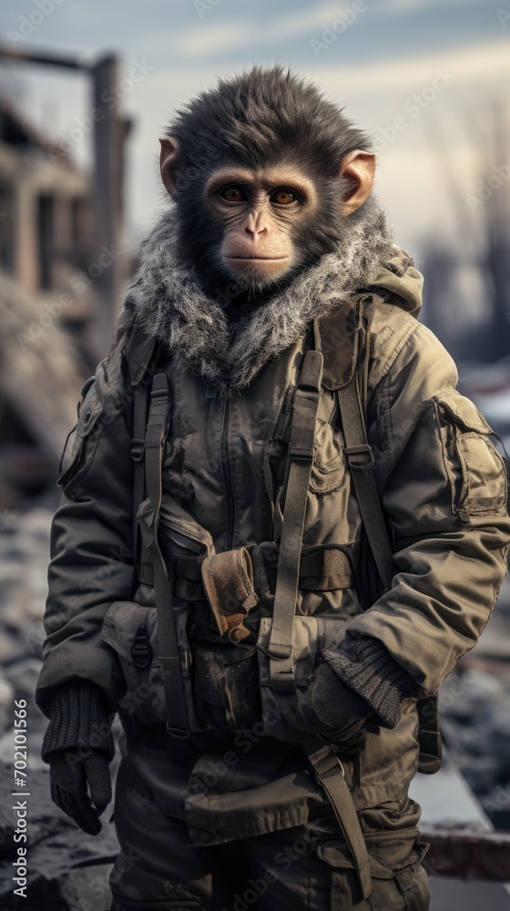 A monkey in a military uniform stands in a post-apocalyptic modern town, wearing modern survival clothing. Generative AI.