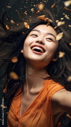 A joyful woman laughs while playfully tossing leaves, surrounded by the vibrant colors of autumn. Generative AI.