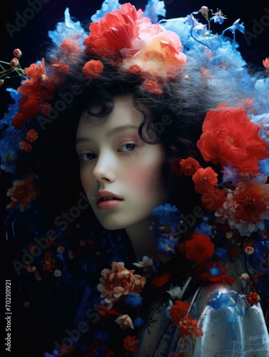 A woman adorned with vibrant flowers in her hair, exuding a mystical and ethereal aura. Generative AI.