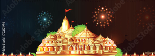 Creative vector sketch of shri Ram Mandir Temple in Ayodhya,birth place Lord Rama with hindi hand lettring for 22nd January 2024 the day of Pran Pratishtha of shri Ram.