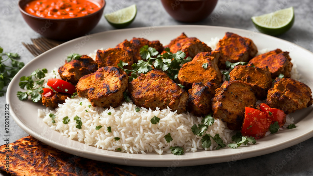 image of a plate filled with flavorful Indian chicken tandoori, set against a clean and crisp white background