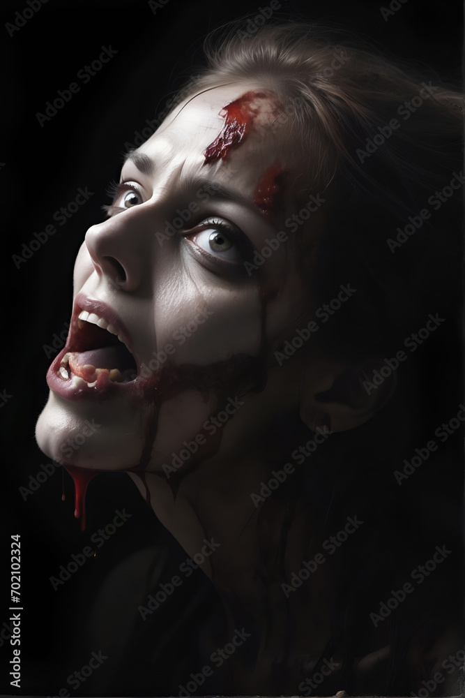 Scary zombie with bloody face outdoors, closeup. Halloween monster, ai generative - obrazy, fototapety, plakaty 