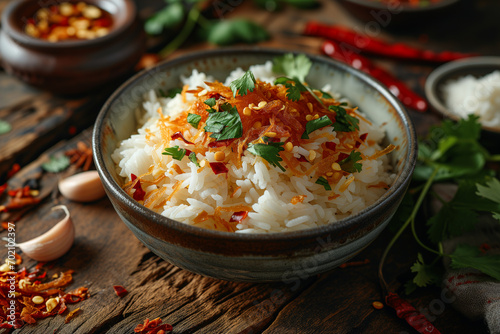 Rice with fried garlic and coriander and chilli in small ceramic bowl on wooden table.