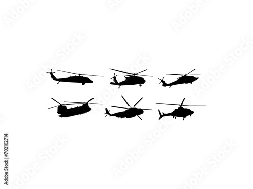 Helicopter silhouette vector. Military helicopter icon set. Aircraft vector design and illustration. Set of helicopter silhouette isolated white background.
