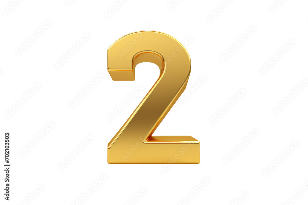 Gold number 2. 3D rendering isolated on transparent background,png file