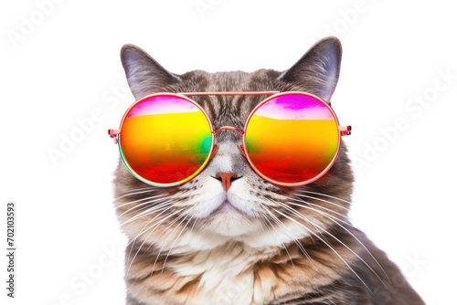 Funny colored fat cat wearing sunglasses isolated on transparent background,png file © venusvi