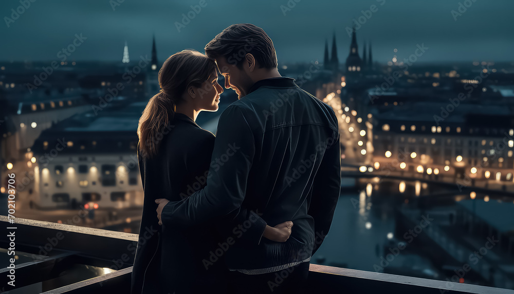 Couple standing on blurred city background, valentine's day concept