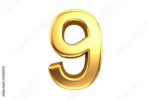 Gold number 9. 3D rendering isolated on transparent background,png file