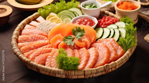 Tasty salmon slices, shrimp, cucumber and tuna on wicker mat, closeup. Delicious sashimi set