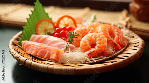 Tasty salmon slices, shrimp, cucumber and tuna on wicker mat, closeup. Delicious sashimi set