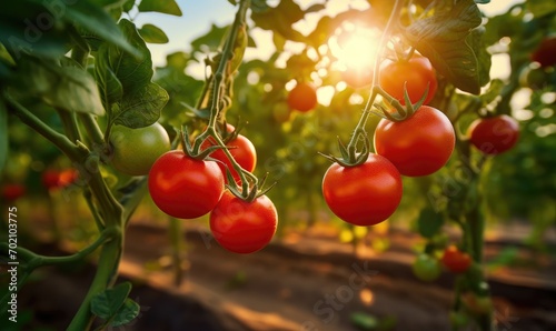 Beautiful ripe tomatoes on branch in amazing sunny garden