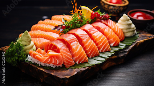 Tasty salmon slices, shrimp, cucumber and tuna on wicker mat, closeup. Delicious sashimi set